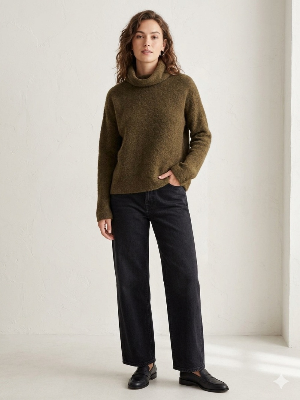 Eileen Fisher Alpaca Merino Wool Blend Turtleneck Sweater Olive Brown XS